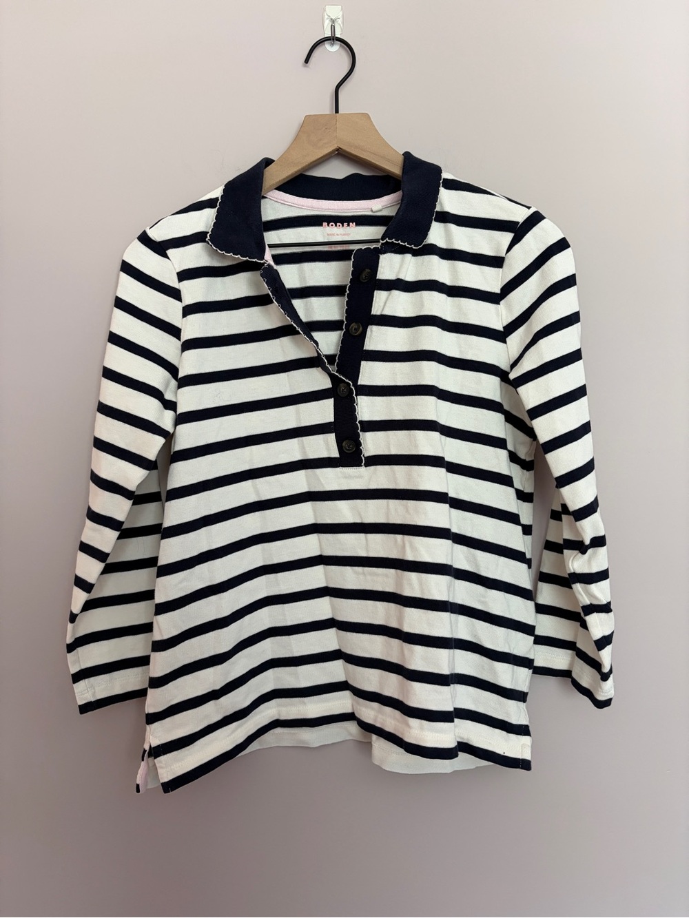 Boden Navy and White Striped Mariner Collared Henley Polo Size 6